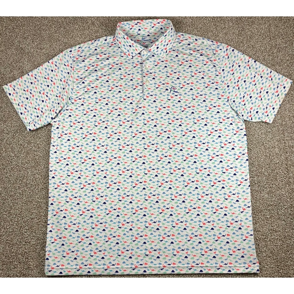 Rhoback Mens XL Dinosaur Print Performance Polo Shirt White Short Sleeve Stretch
